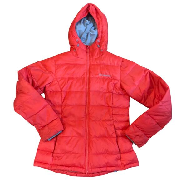 Columbia Womens Small Omni Heat Duck Down Hooded Coral Puffer Jacket EUC - Picture 1 of 9